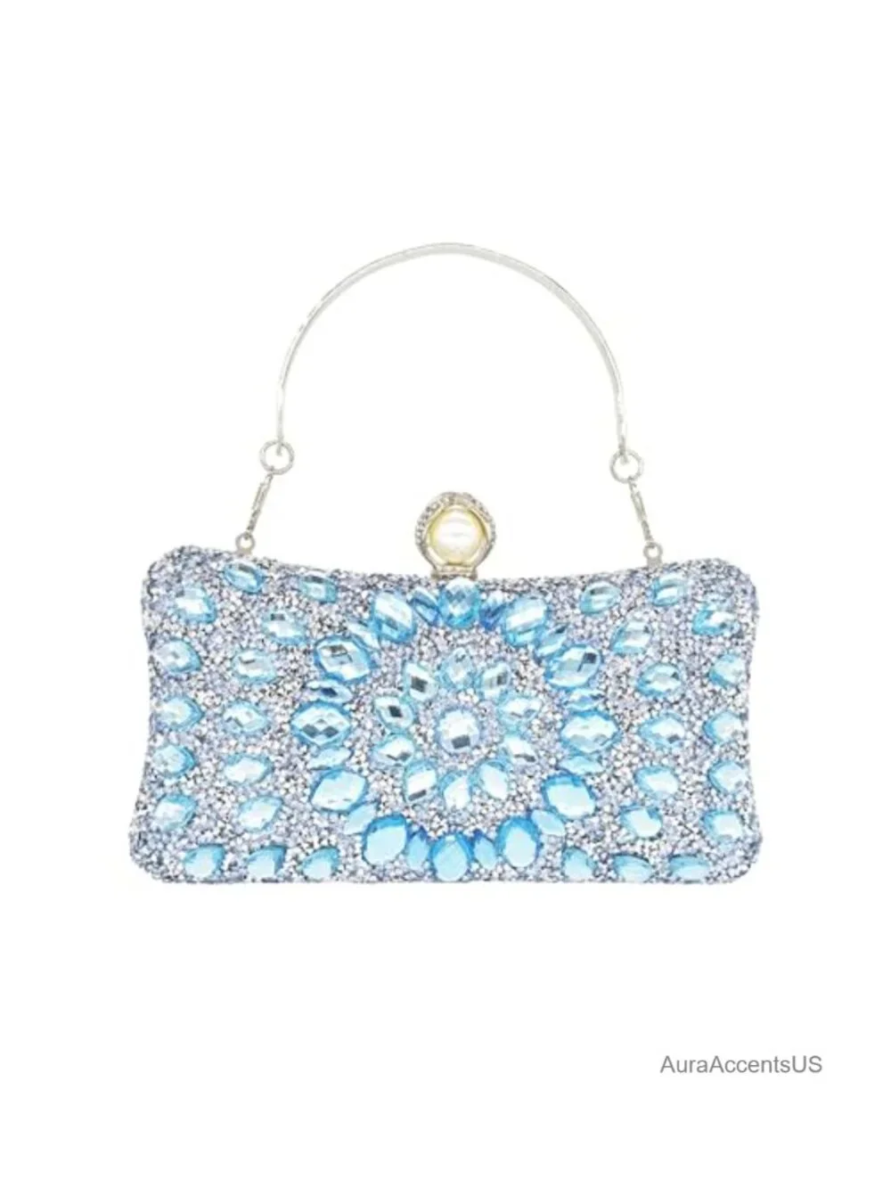 Crystal Rhinestone Clutch Evening Bag with Pearl Clasp and Detachable Chain